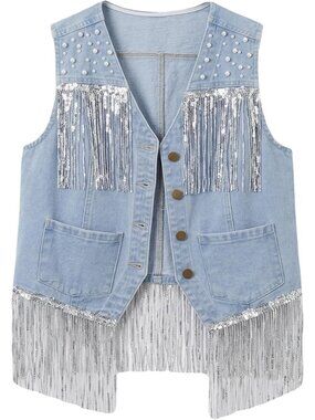 Women's Light Blue Denim Fringe Top Western Cowgirl Pearl Cropped Jean Vest